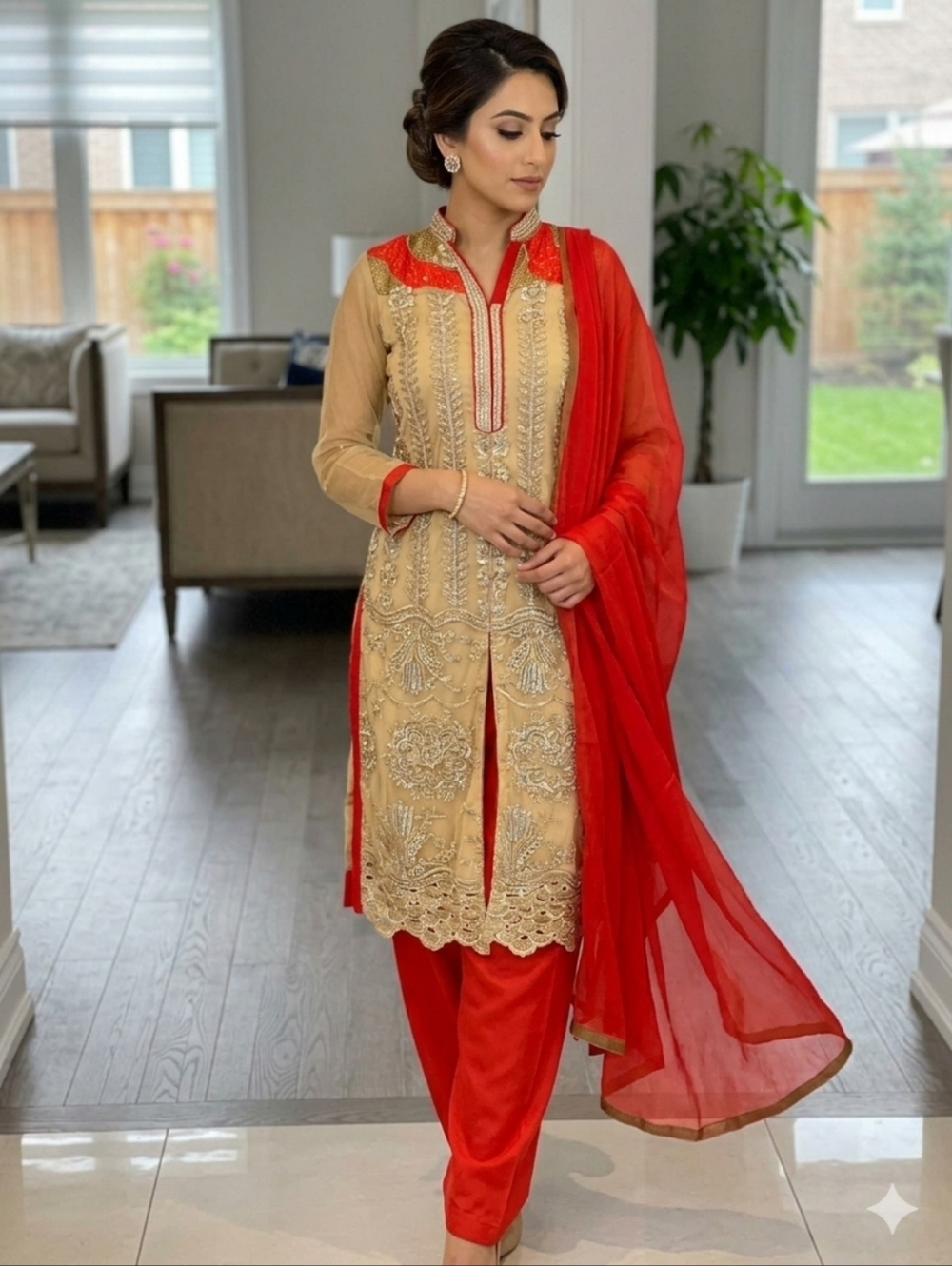 Women's Embroidered Beige & Coral Tunic Suit Punjabi Indian - Small Like New
